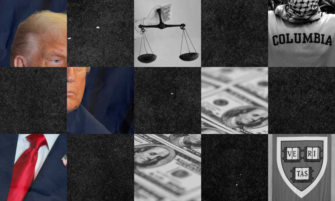 A collage of images showing President Trump, $100 bills, a statue holding justice scales, Harvard University's veritas flag and a person wearing a Columbia University T-shirt with keffiyeh scarf. A black checkerboard is overlaid on top of the photos.