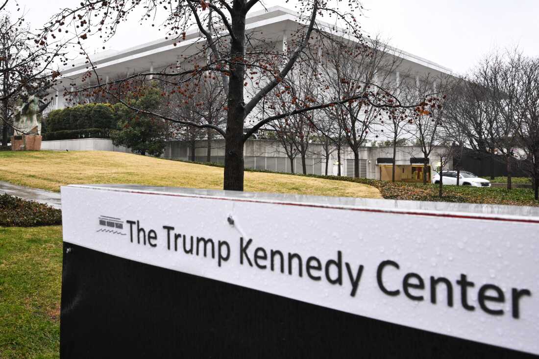 A recently installed sign at Washington, D.C.'s Kennedy Center on Jan. 10. The renaming of the center has not been approved by Congress. under the performing arts complex' A general view shows the Kennedy Center in Washington, DC on January 10, 2026. The Washington National Opera announced on January 9 that it would move its performances from the John F. Kennedy Center for the Performing Arts which has been its home since 1971. Artists have cancelled performances at Washington's premier performing arts center to protest its renaming to include US President Donald Trump. (Photo by Mandel NGAN / AFP via Getty Images)