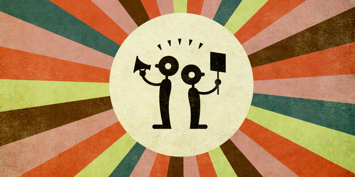 2 protestors in silhouette on retro starburst background