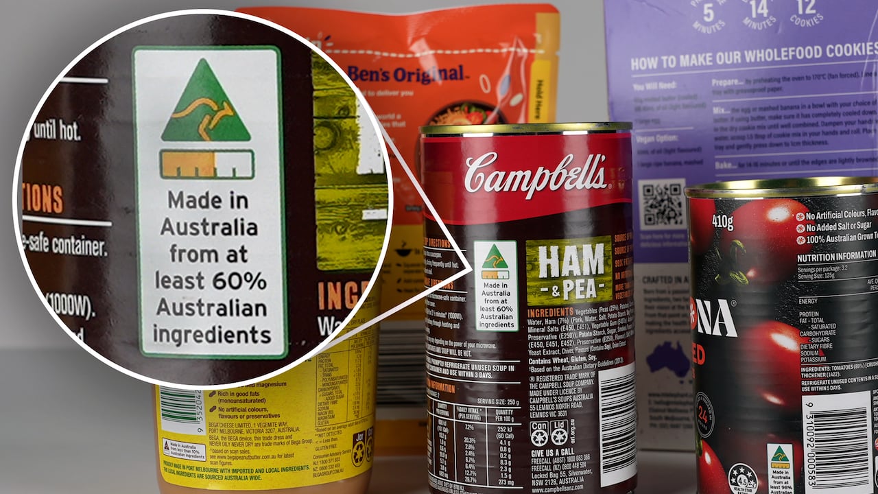 Products showing the Country of Origin label in Australia, with a bar chart indicating the percentage of Australian ingredients.