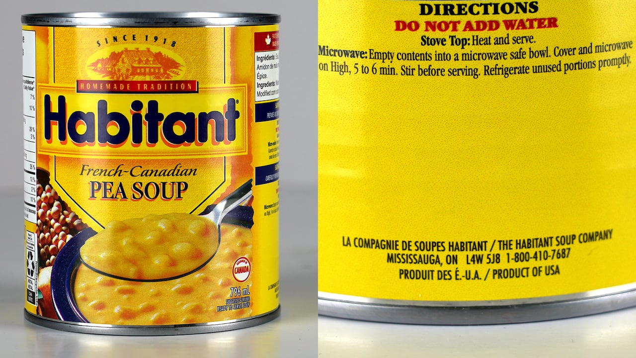 A closer look at a can of Habitant’s French-Canadian Pea Soup.