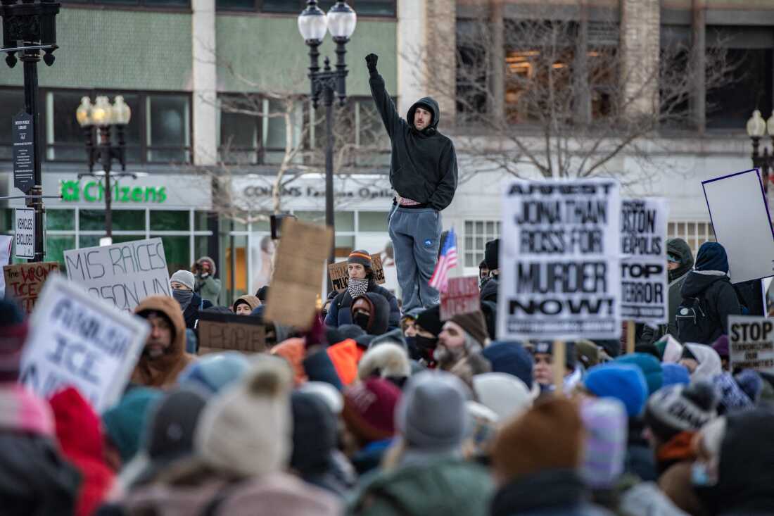 People partake in a "National Shutdown" protest against U.S. Immigration and Customs Enforcement in Boston, Mass. on Friday.