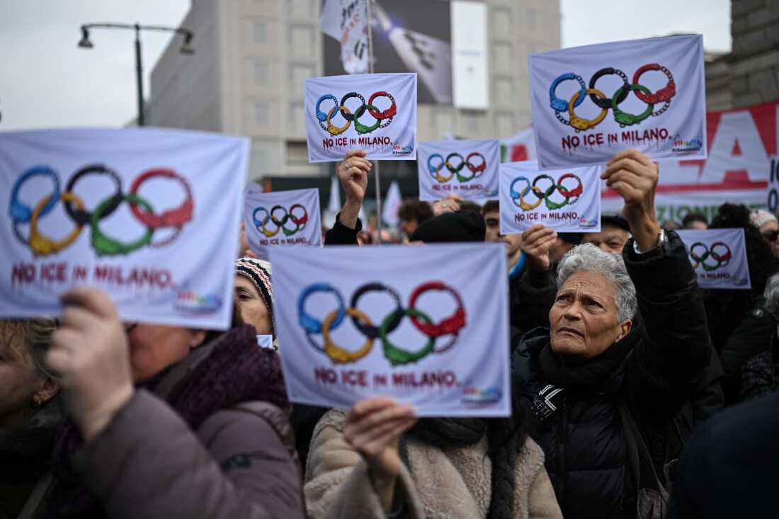 People take part in a demonstration against US Immigration and Customs Enforcement (ICE) ahead of the Milano Cortina 2026 Olympic Games in Milan, Italy, on January 31, 2026. A branch of the US Immigration and Customs Enforcement (ICE) will help support security operations for the Winter Olympics in Italy, sparking consternation and warnings they were not welcome.