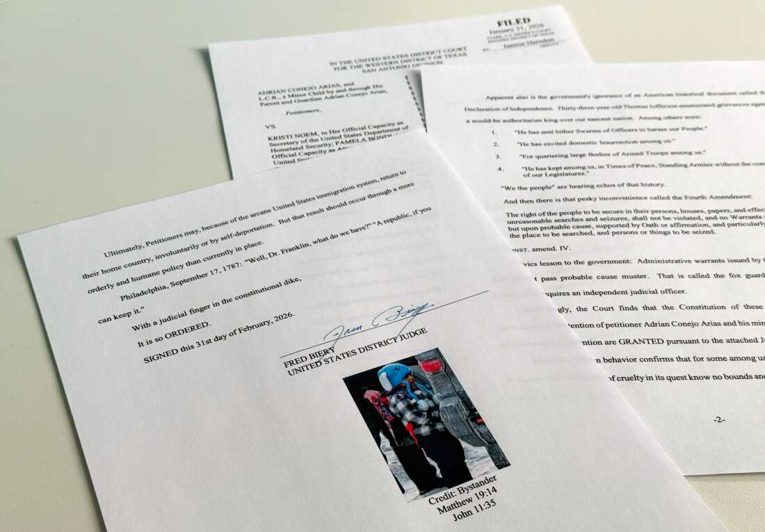 An order to release 5-year-old Liam Ramos and his father from detention, which included a picture of the boy and Bible verse references under the signature of U.S. District Judge Fred Biery, is photographed Saturday, Jan. 31, 2026.
