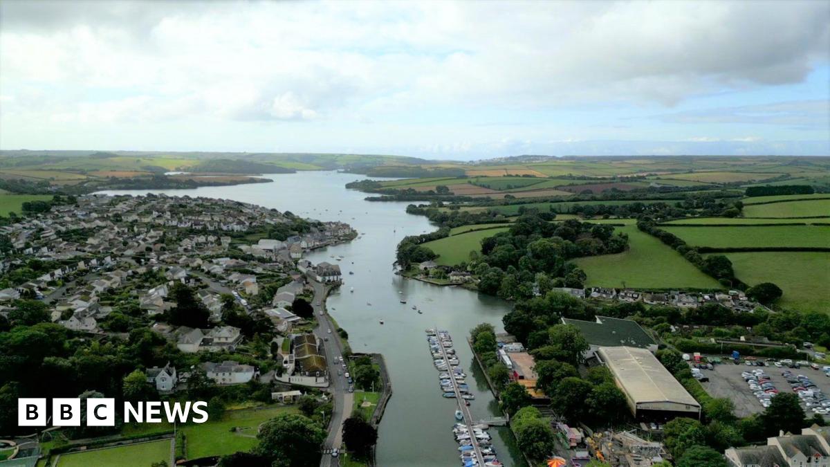 A picture of Kingsbridge taken from above, with an estuary in the centre. There is a number of properties either side of the water, plus green fields in the distance.