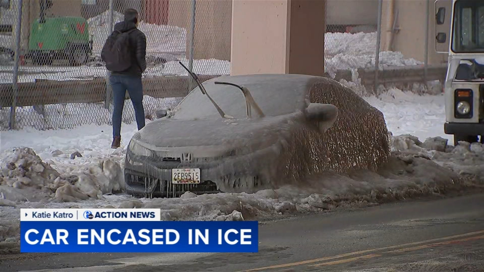 Philadelphia woman finds car encased in ice after apparent pipe burst nearby along Front Street