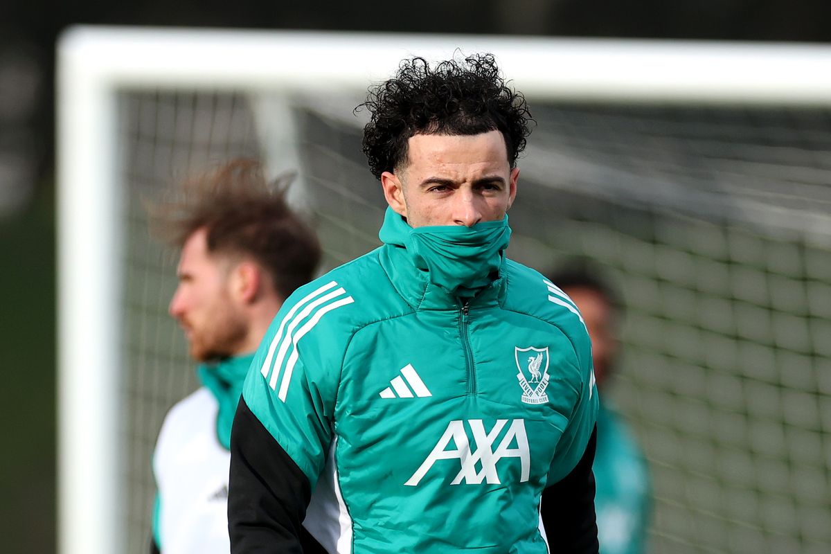 Curtis Jones of Liverpool looks on during a Liverpool FC Training Session at AXA Training Centre on January 20, 2026 in Kirkby, England