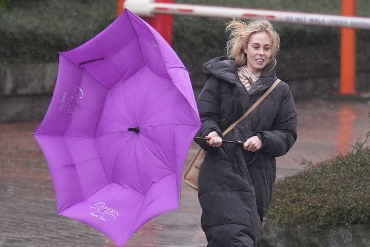 A woman walking in windy conditions in Dublin city centre