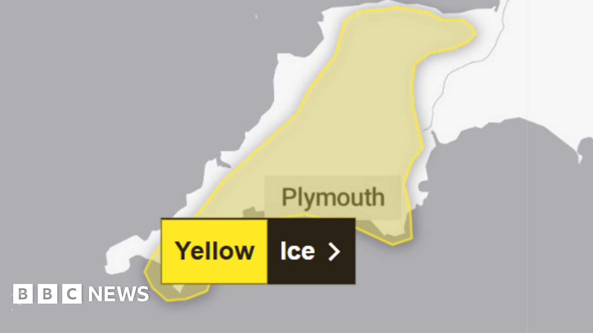 A graphic of yellow ice warnings for the south west. A patch of the map is highlighted with yellow and there is a block with the words 'yellow' and 'ice'.