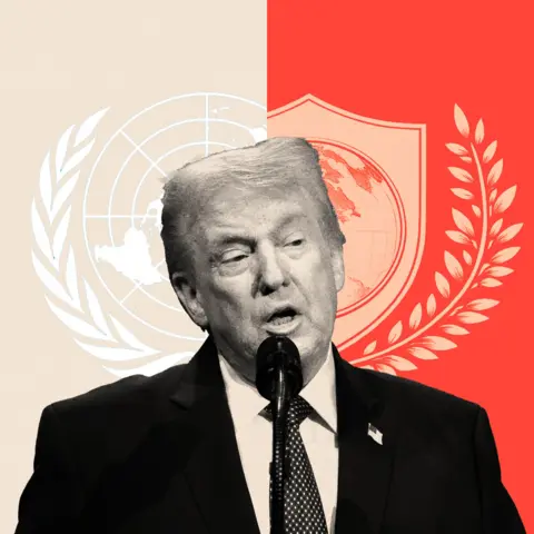 BBC Montage image showing Donald Trump, the UN logo and the Board of Peace crest