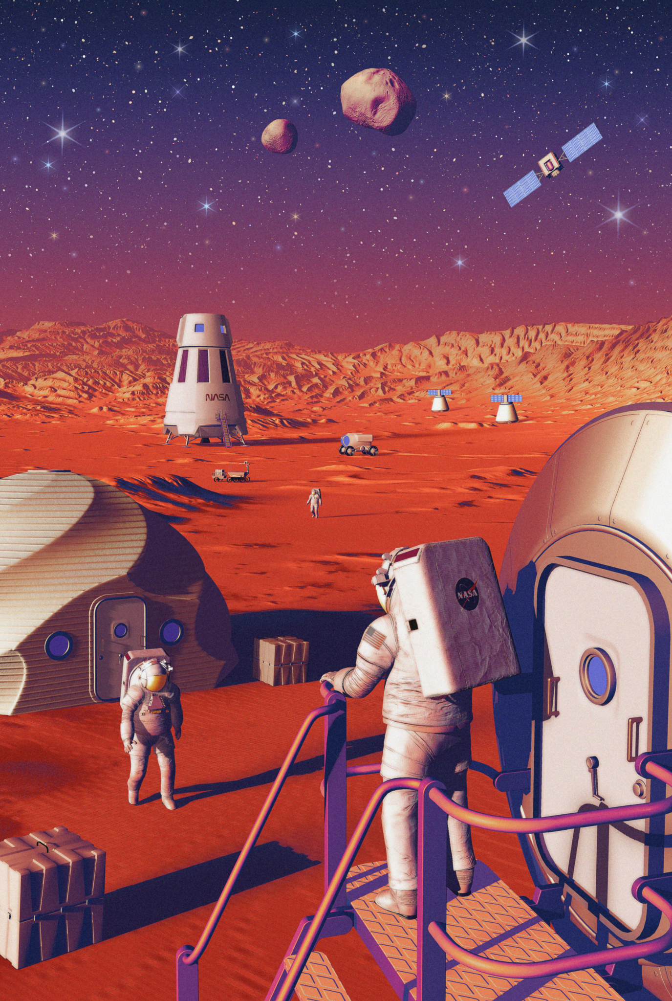 This illustration of Moon to Mars infrastructure shows astronauts living and working on the surface of Mars. NASA’s Moon to Mars Objectives establish an objectives-based approach to the agency's human deep space exploration efforts; NASA’s Moon to Mars Architecture approach distills the objectives into operational capabilities and elements.