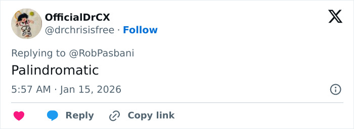 Screenshot of a tweet replying with the word palindromatic discussing a boat name spelled backwards issue.