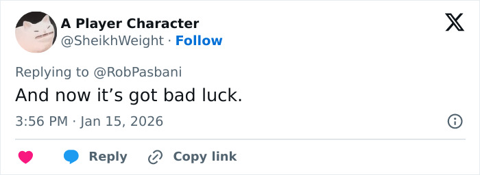 Tweet from user A Player Character replying about bad luck related to billionaire’s boat name change after backward spelling found.