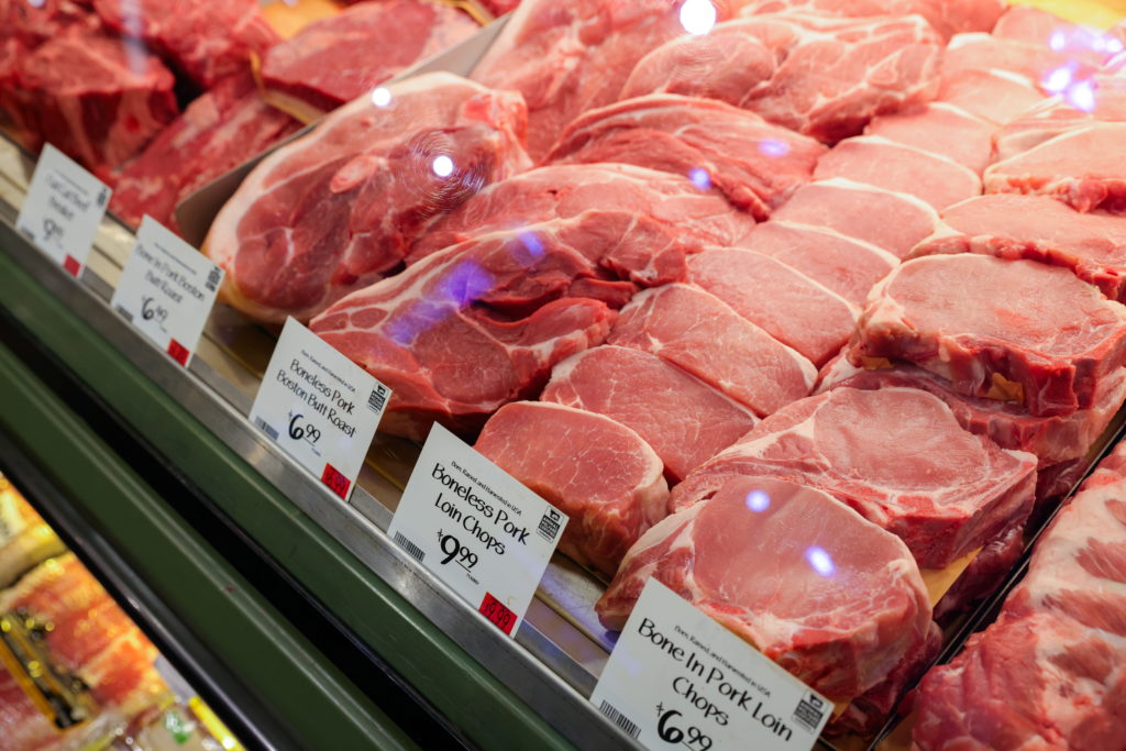 Prices are seen on a selection of red meat in Manhattan, New York City