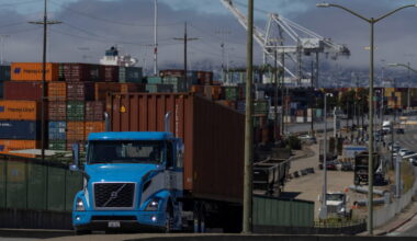 Shipping containers are seen at a terminal inside the Port of Oakland, California
