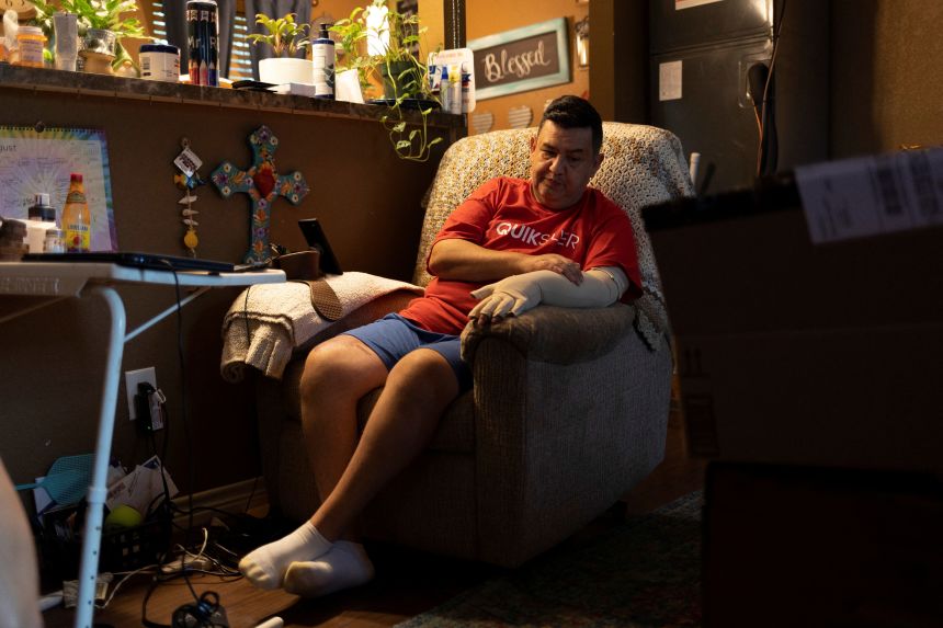 Arnulfo Reyes, a former fourth-grade teacher from Robb Elementary School, recuperates at home in August 2022 after being repeatedly shot during the mass shooting at the school in Uvalde.