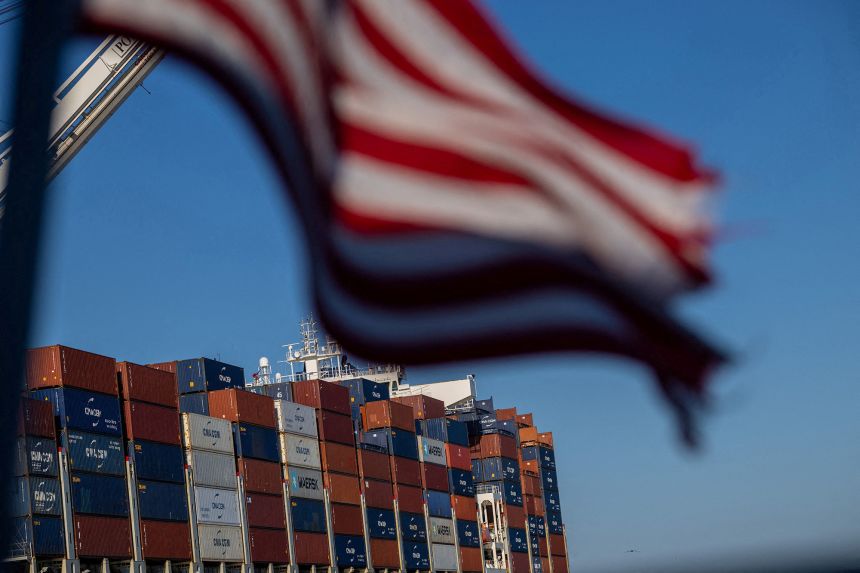 A cargo ship full of shipping containers is seen at the port of Oakland, California,  August 2025.