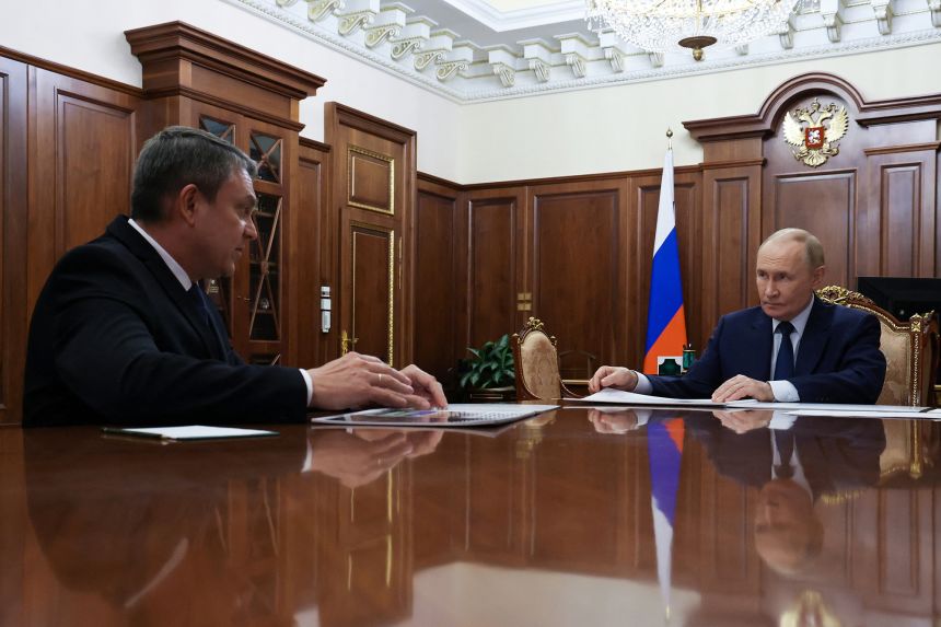Russian President Vladimir Putin meets with Leonid Pasechnik, Moscow-installed leader of the Russian-controlled parts of the Luhansk Region on September 23, 2025.