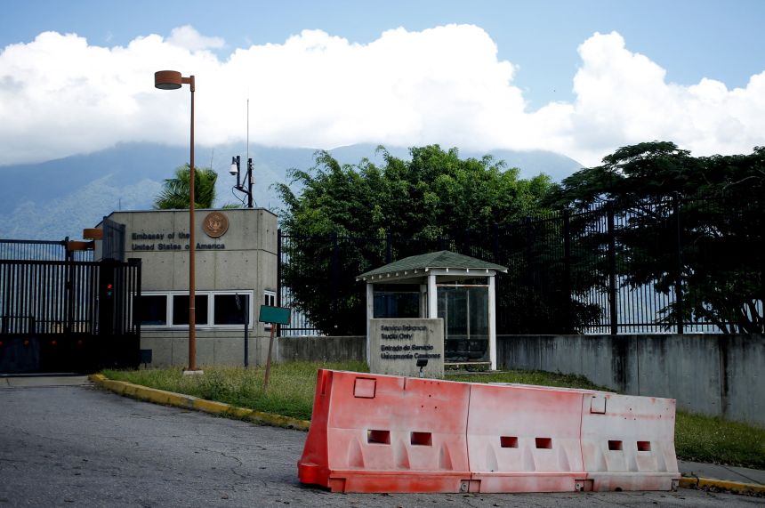 The entrance of the US Embassy in Caracas, Venezuela, in October 2025.