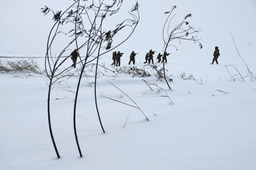 Recruits with Ukraine's 65th Separate Mechanized Brigade take part in military training near the front line in Zaporizhzhia region, Ukraine, on December 29, 2025.