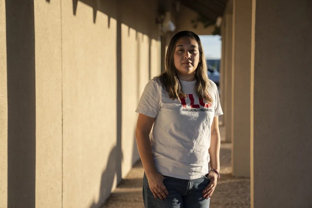 Alma Pérez, RGV field director for Texas Latino Conservatives, poses for a photo during the “Trunk or Treat” community event at the Hidalgo County Republican Party Headquarters in McAllen, Texas on Oct. 30, 2025.