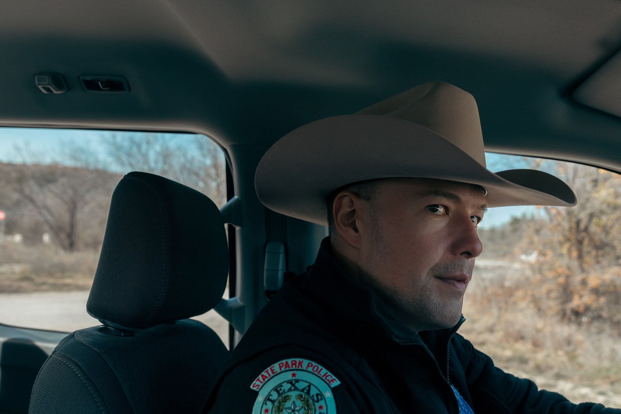 Adams drives around Palo Pinto Mountains State Park on Dec. 15, 2025.