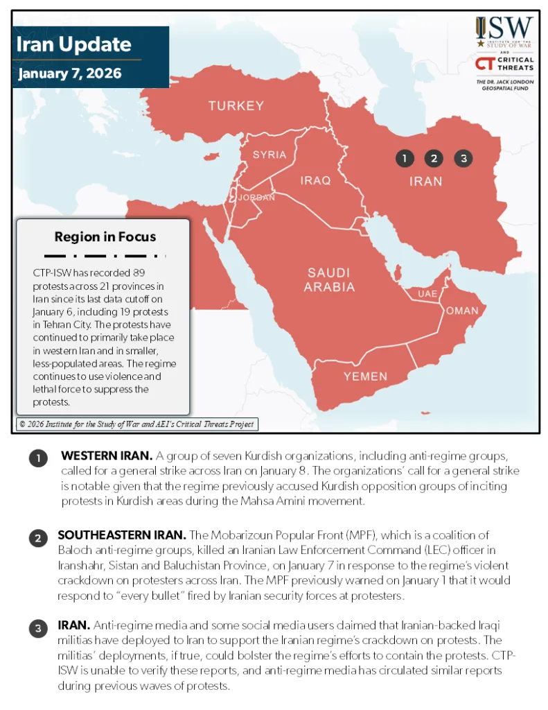 Iran Update, January 7, 2026 One Pager Map of Middle East
