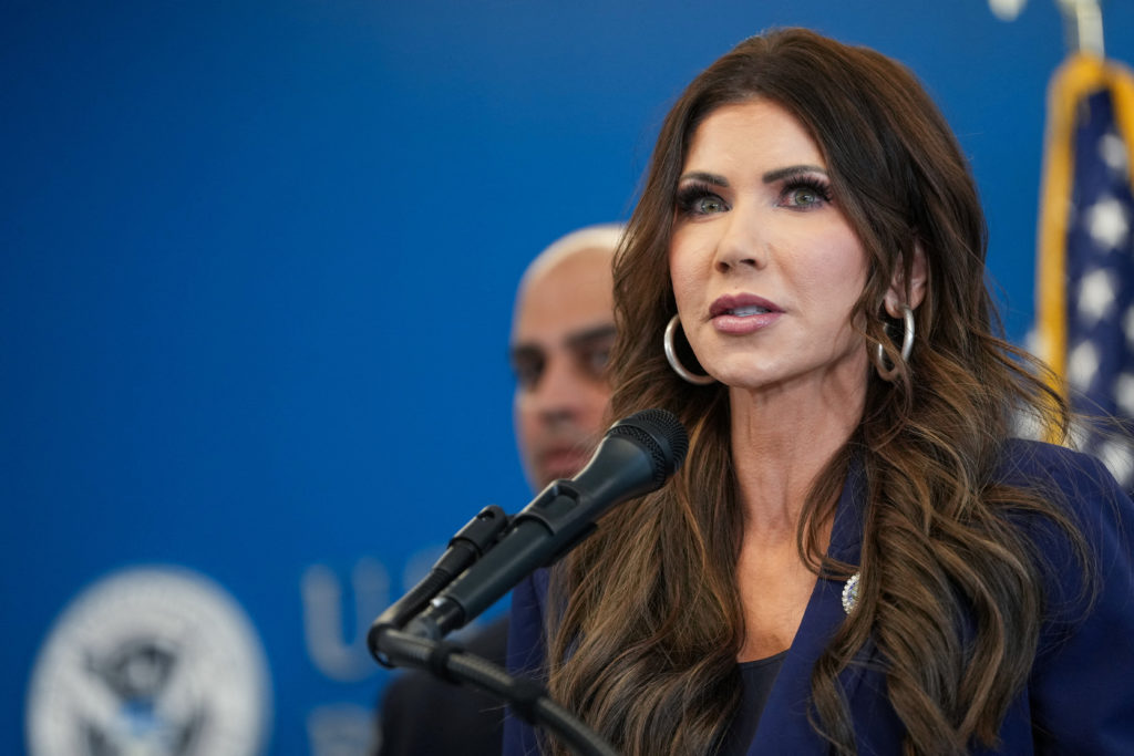 U.S. Homeland Security Secretary Kristi Noem speaks during a press conference, in New York City