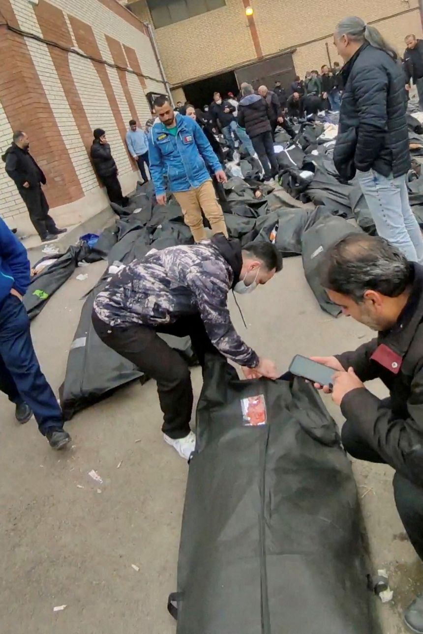 Body bags outside Kahrizak Forensic Medical Centre in Tehran, Iran, in this screen capture from a video obtained from social media filed on January 11.