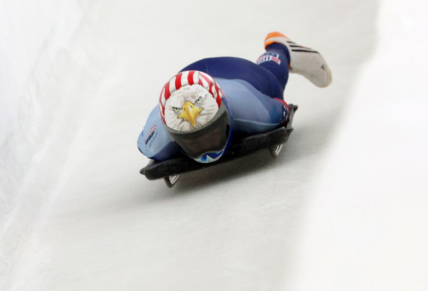 US skeleton slider Katie Uhlaender in action at Lake Placid in March 2025.