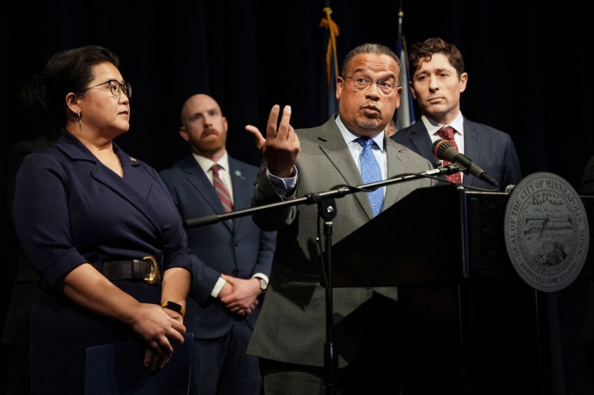 Minnesota Attorney General Keith Ellison speaks at a news conference about a lawsuit his state filed over DHS and ICE tactics after an agent fatally shot Renee Nicole Good in Minneapolis.