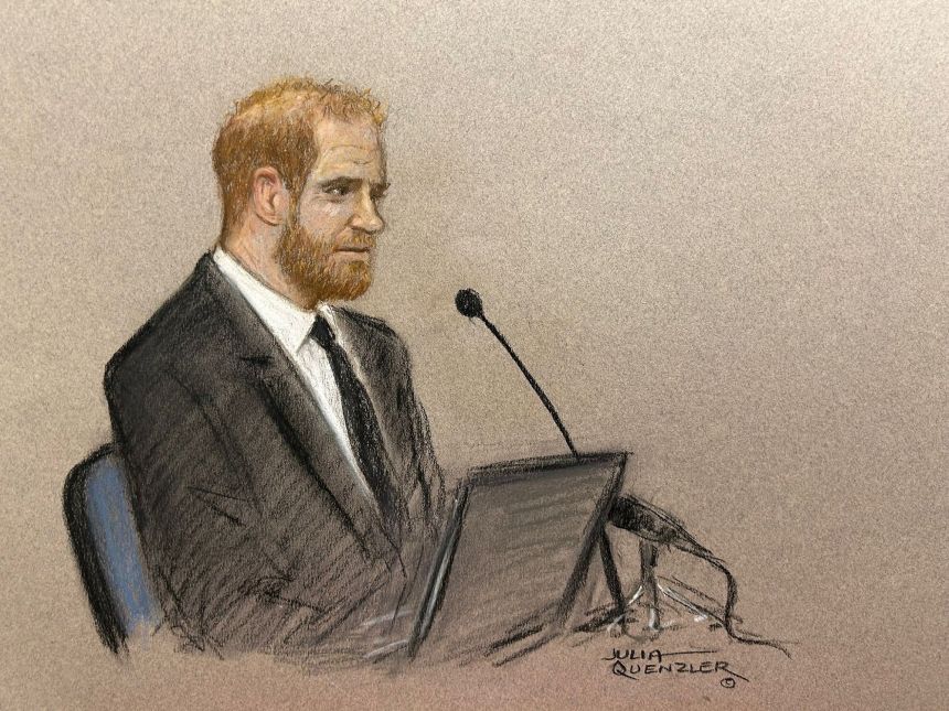 Prince Harry gives evidence in his privacy lawsuit against the publisher of The Daily Mail, at the High Court in London on Wednesday in this courtroom sketch.