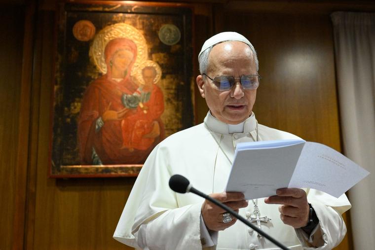Pope Leo XIV addresses cardinals during the extraordinary consistory on Jan. 7, 2026 in Vatican City.