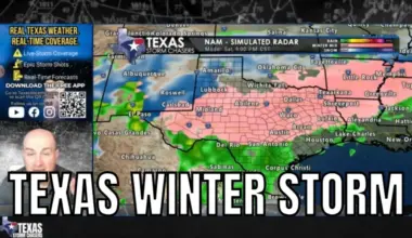 Texas Storm Chasers video thumbnail showing a weather map labeled “NAM Simulated Radar” with rain in green and winter precipitation in pink spreading across much of Texas. A small presenter video window appears on the left alongside an app download panel with a QR code. Large text across the bottom reads “TEXAS WINTER STORM.”