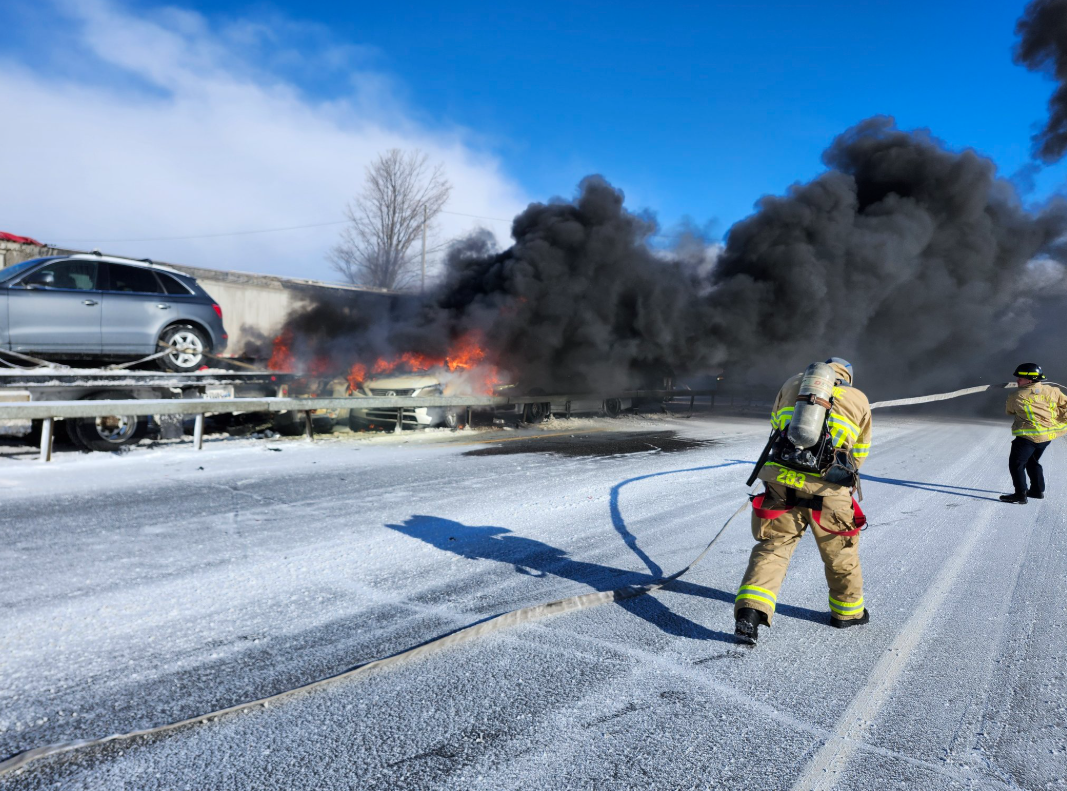 No serious injuries after fiery Hwy. 11 pileup involving fuel tanker