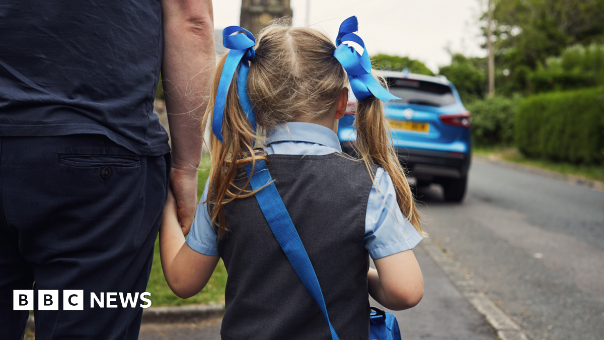 The back of a small child wearing a grey dress over a pale blue school shirt. She has a deeper blue bag over her shoulder and blue ribbons in her long fair hair. The girl is walking along the road holding a man's hand.