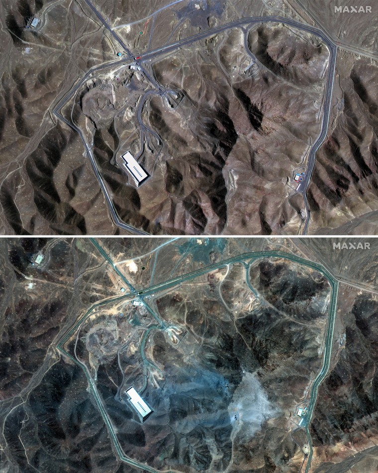 The Fordo nuclear facility in Iran on Jun. 20, 2025, top, and on Jun. 22, 2025, following the U.S.'s strikes.