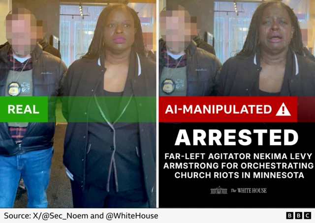 A BBC-annotated graphic showing the real picture of the woman shared by Noem (left) and the AI-manipulated version where she appears to be crying (right)