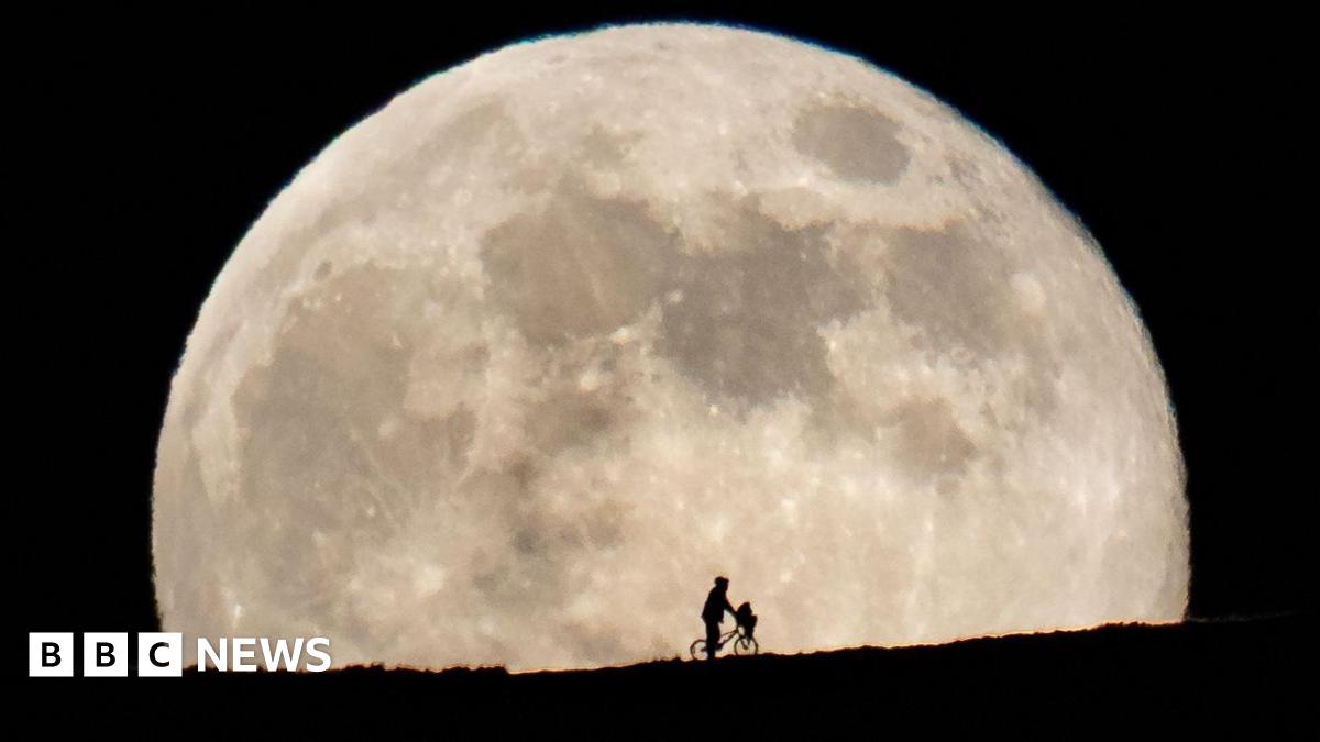 Silhouette of boyish character in an anorak straddling a stationary BMX bike with an object in its front basket on a mountainside framed by the full Moon behind