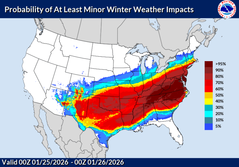 A large chunk of the central and eastern U.S. is expecting winter weather impacts from snow and ice this weekend, with Virginia nearly certain to do so. Courtesy of NOAA.