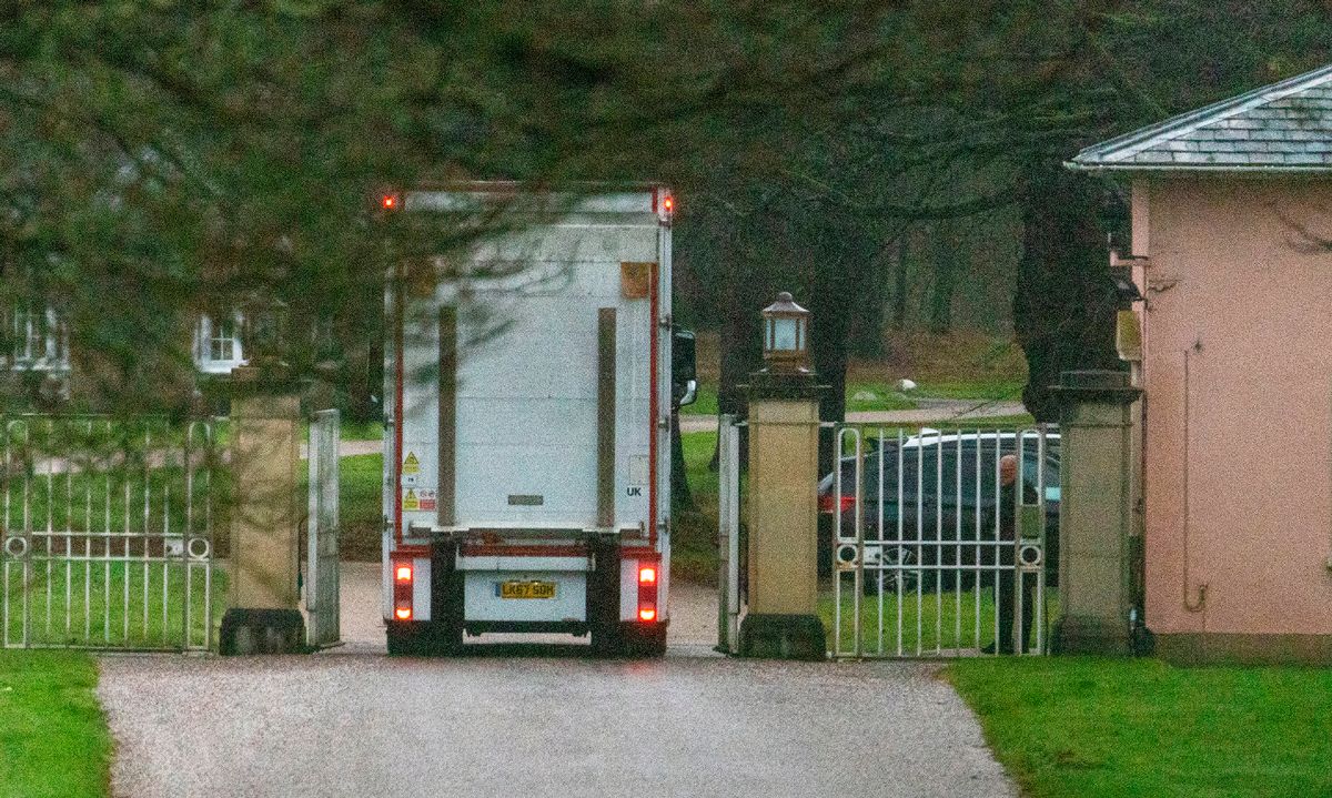 A removal lorry arrives at Royal Lodge this morning 