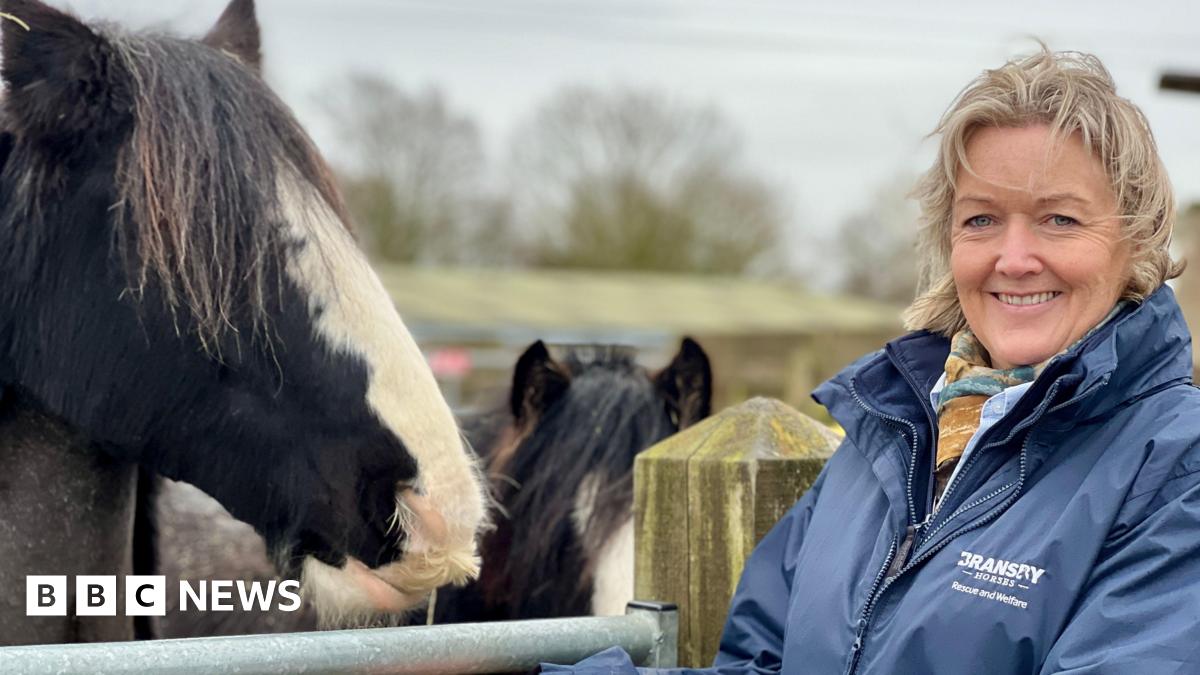 Rachel Jenkinson wearing a navy coat stands to the right of the picture, a black and white horse to the left. Another smaller horse can be seen in the background.