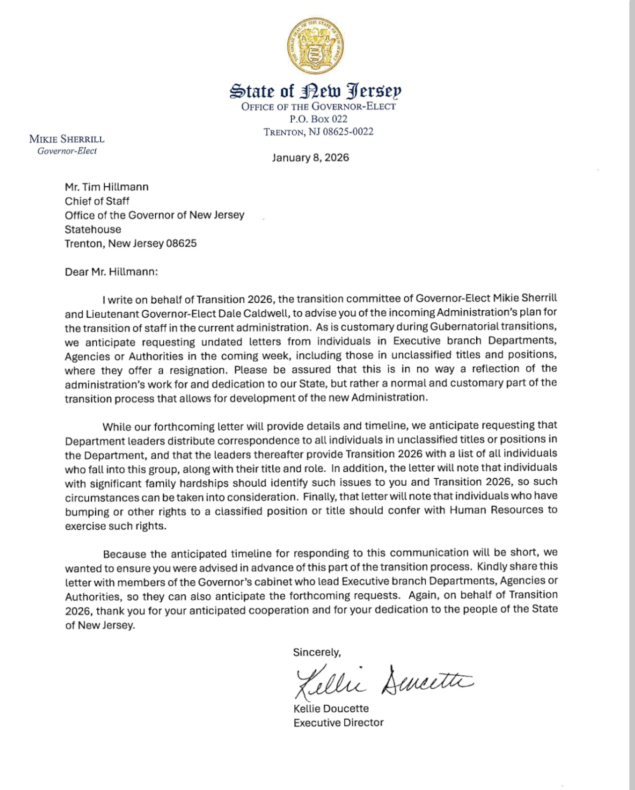 Sherrill transition team letter