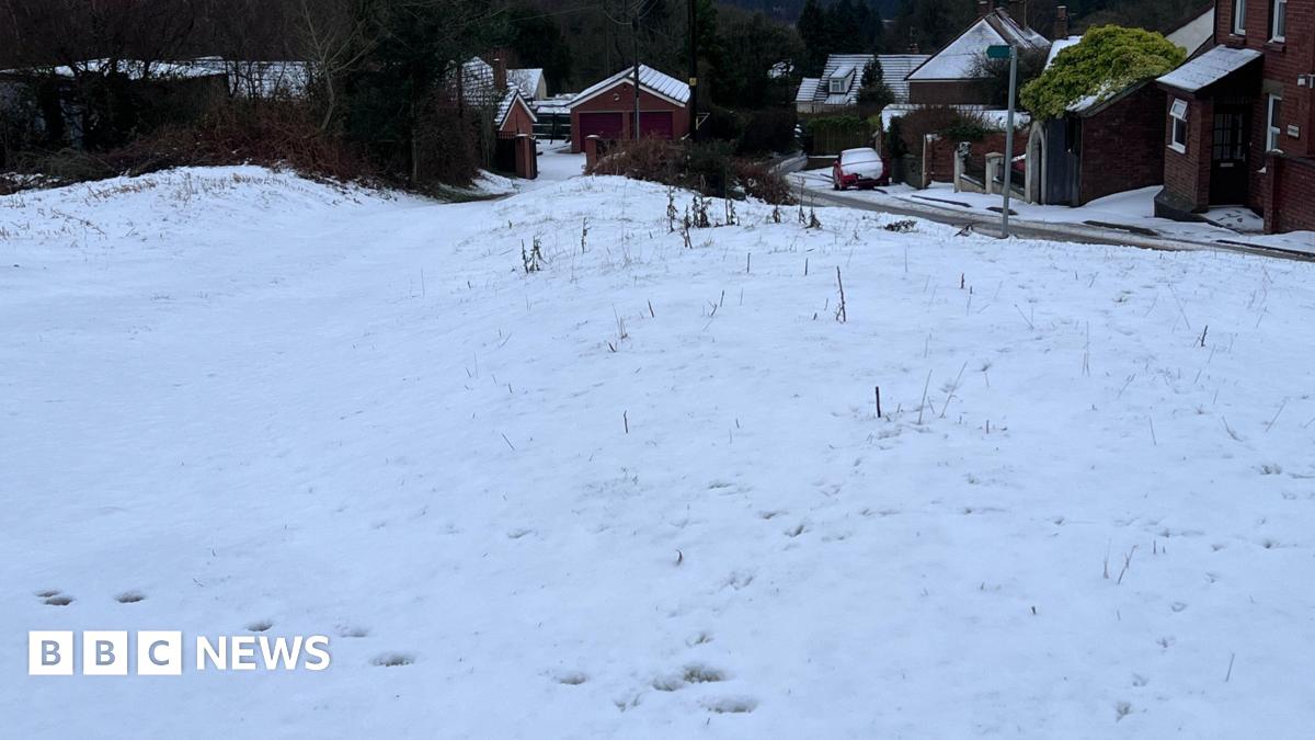 A large area of grass is covered in snow, there are houses and cars in the background with a layer of snow on them.