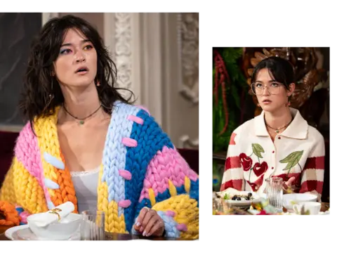 Two photos of Jade in her bright knitted jumpers, one in yellow, pink and blue and the other with cherry patterns on