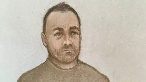 Elizabeth Cook/PA Wire Court sketch of Philip Young in a beige looking top and with short hair.