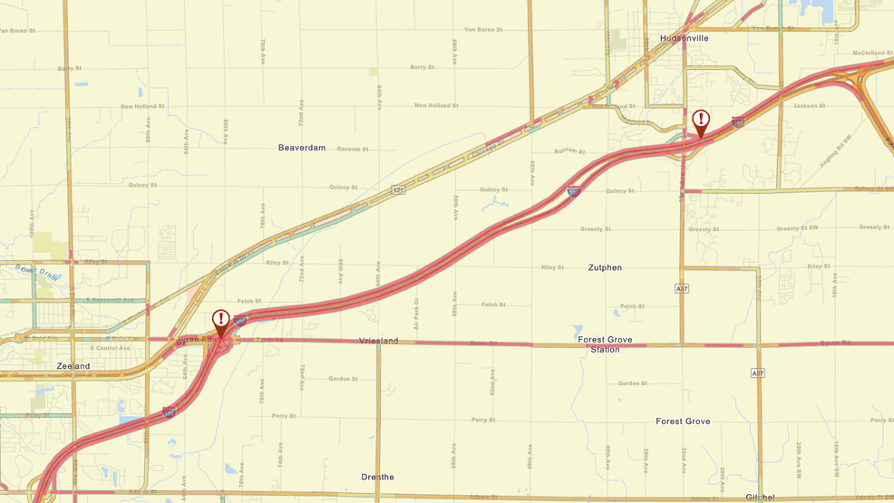 Map showing where traffic is slowed and closed on I-196 in Ottawa County, Mich. after several crashes including a 100 car pileup and a jackknifed semi truck Jan. 19, 2026. (MDOT/WWMT){ }
