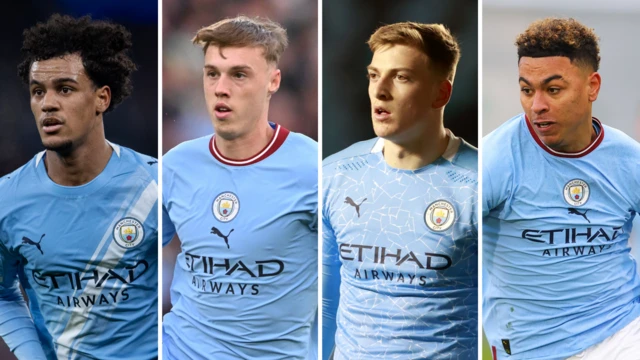 A split picture of Oscar Bobb, Cole Palmer, Liam Delap and Morgan Rogers who have come through Manchester City's youth system