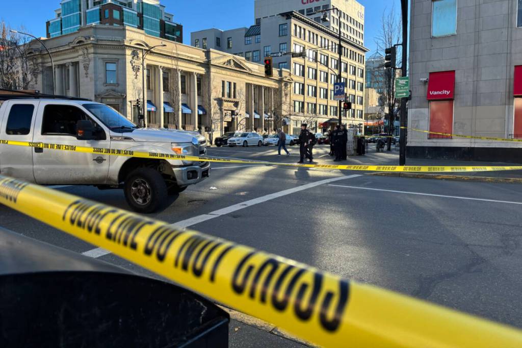 Police say a pedestrian was struck by a vehicle in the intersection of Yates and Douglas streets. (Liam Razzell/Victoria News)