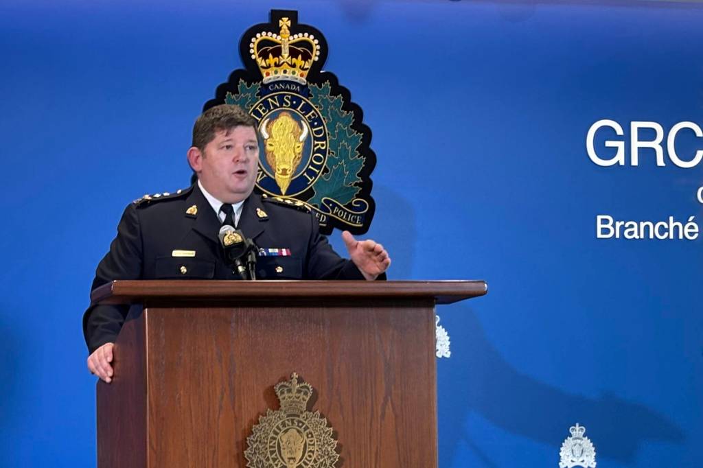 BC RCMP Assistant Commissioner John Brewer speaks at a news conference on Tuesday, Jan. 20 held to update the progress of the B.C. Extortion Task Force. (Grace McLeod/Peace Arch News)